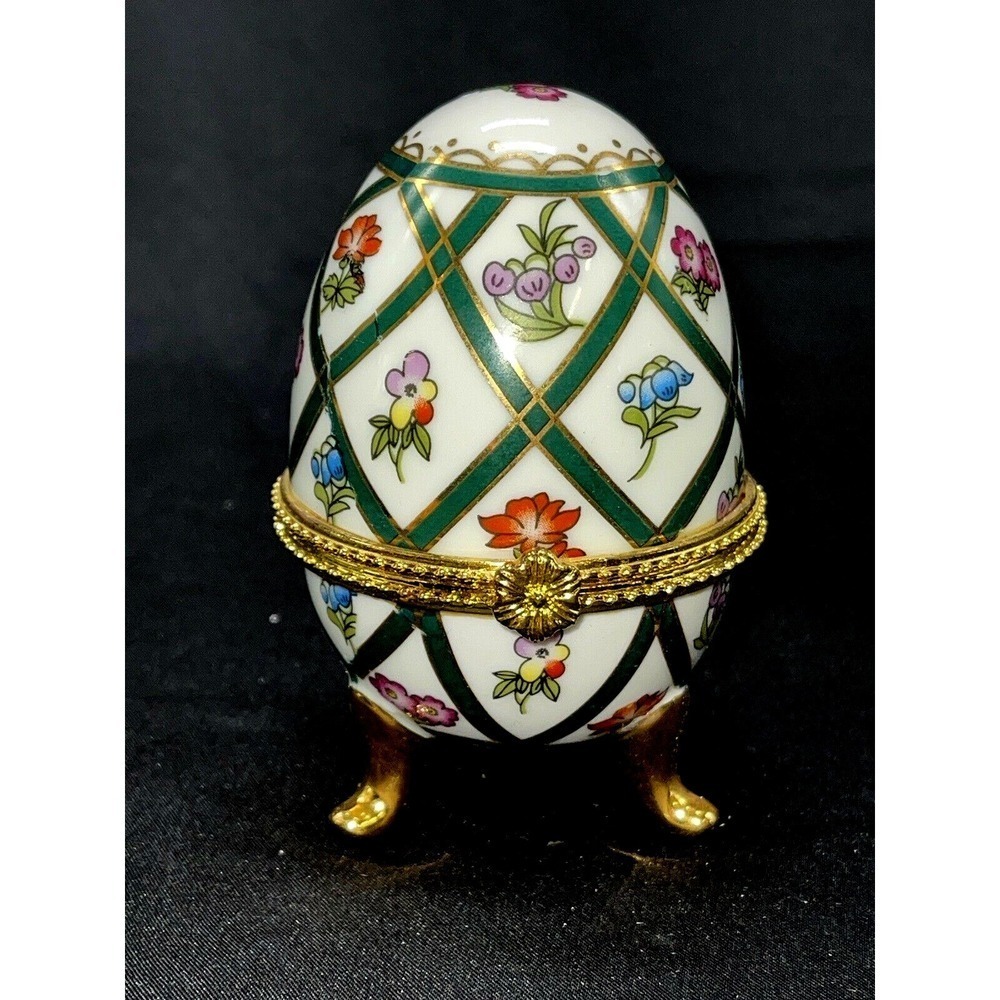 Decorative Floral Painted 3 footed Easter Egg Trinket Box 4"